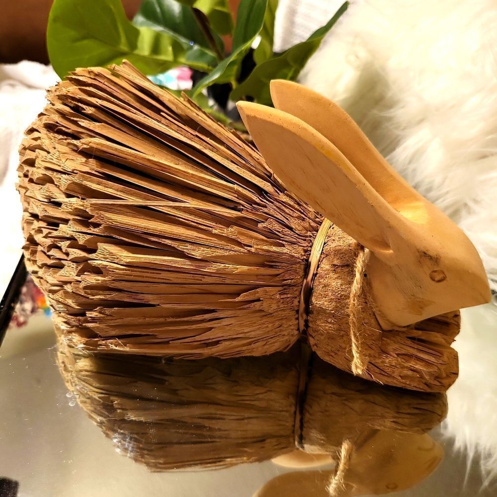 Hand carved wood reeds leaves Tallgrass rabbit